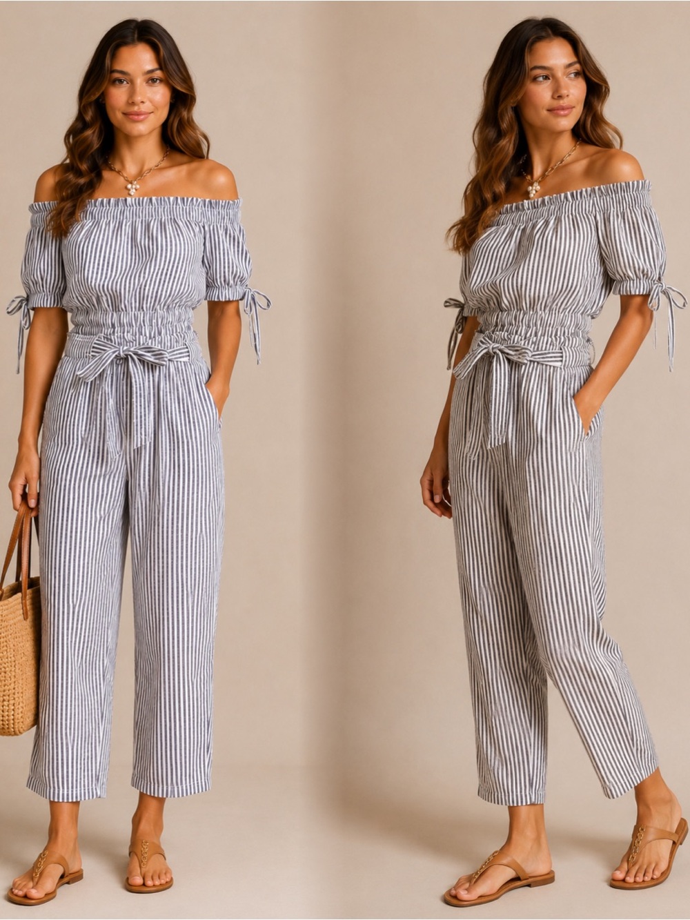 Striped Off-Shoulder Jumpsuit with Tie Waist - Blue/White